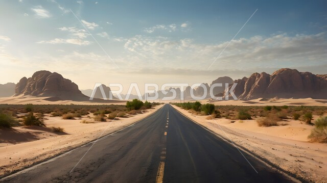 تسهيل التنقلات بين المناطق البرية والمدن، التطور والنمو العمراني في صحاري المملكة, شارع معبد لمرور السيارات وتسريع حركة المسافرين, طريق اسفلتي ممتد على طول الصحراء, تشكلات الكثبان والتلال الرملية, البيئة الصحراوية الجافة في السعودية