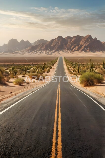 تسهيل التنقلات بين المناطق البرية والمدن، التطور والنمو العمراني في صحاري المملكة, شارع معبد لمرور السيارات وتسريع حركة المسافرين, طريق اسفلتي ممتد على طول الصحراء, تشكلات الكثبان والتلال الرملية, البيئة الصحراوية الجافة في السعودية