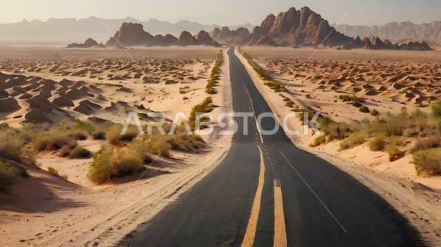 تسهيل التنقلات بين المناطق البرية والمدن، التطور والنمو العمراني في صحاري المملكة, شارع معبد لمرور السيارات وتسريع حركة المسافرين, طريق اسفلتي ممتد على طول الصحراء, تشكلات الكثبان والتلال الرملية, البيئة الصحراوية الجافة في السعودية