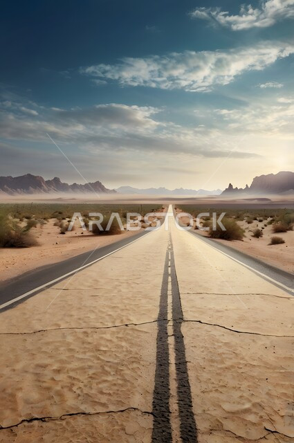طريق اسفلتي ترابي ممتد على طول الصحراء, تسهيل التنقلات بين المناطق البرية والمدن، التطور والنمو العمراني في صحاري المملكة, شارع معبد لمرور السيارات وتسريع حركة المسافرين,تشكلات الكثبان والتلال الرملية, البيئة الصحراوية الجافة في السعودية