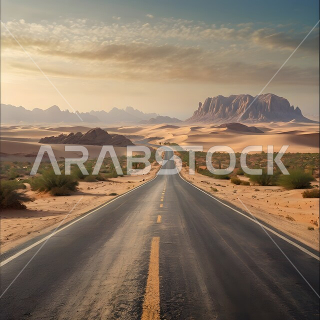 تسهيل التنقلات بين المناطق البرية والمدن، التطور والنمو العمراني في صحاري المملكة, شارع معبد لمرور السيارات وتسريع حركة المسافرين, طريق اسفلتي ممتد على طول الصحراء, تشكلات الكثبان والتلال الرملية, البيئة الصحراوية الجافة في السعودية