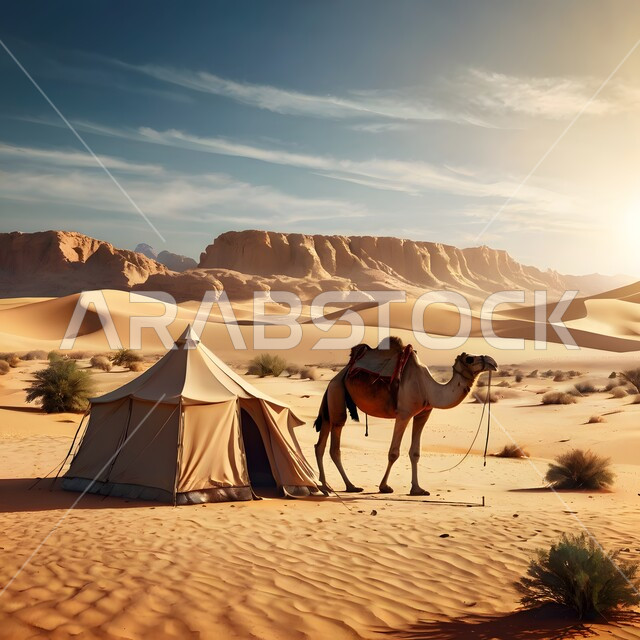 مخيمات سياحية في المناطق البرية، تربية الحيوانات والماشية والثدييات، الاهتمام بالجمال والإبل، حياة البدو في الصحراء، التضاريس الجافة والكثبان والتشكلات الرملية، التخييم في صحاري المملكة العربية السعودية, خيمة بدوية شعبية وسط الرمال الذهبية الناعمة