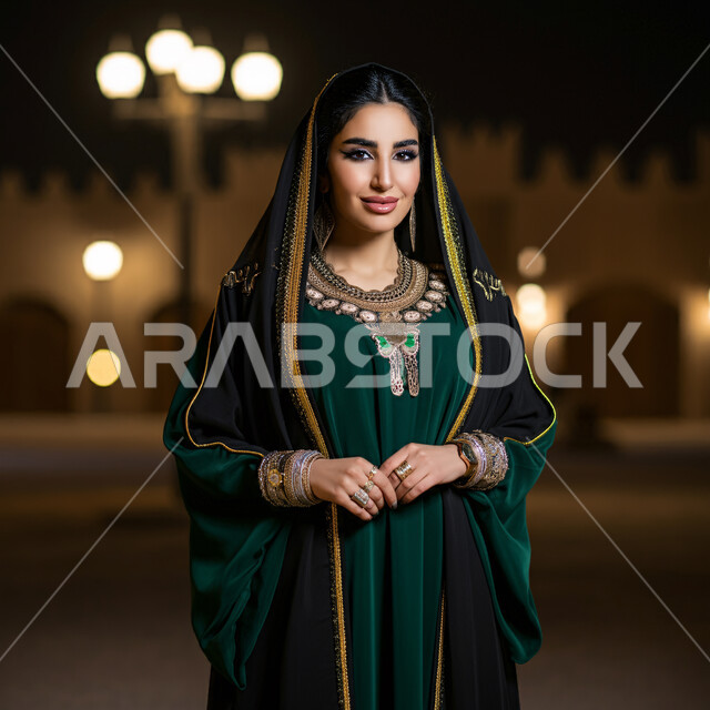 The concept of femininity, beauty and interest in outward appearance, a Saudi Arabian Gulf woman wearing the Eastern Province costume looks at the camera with gestures of pride and self-confidence, love of the homeland and belonging to it, the memory of Saudi National Day September 23, Foundation Day February 22