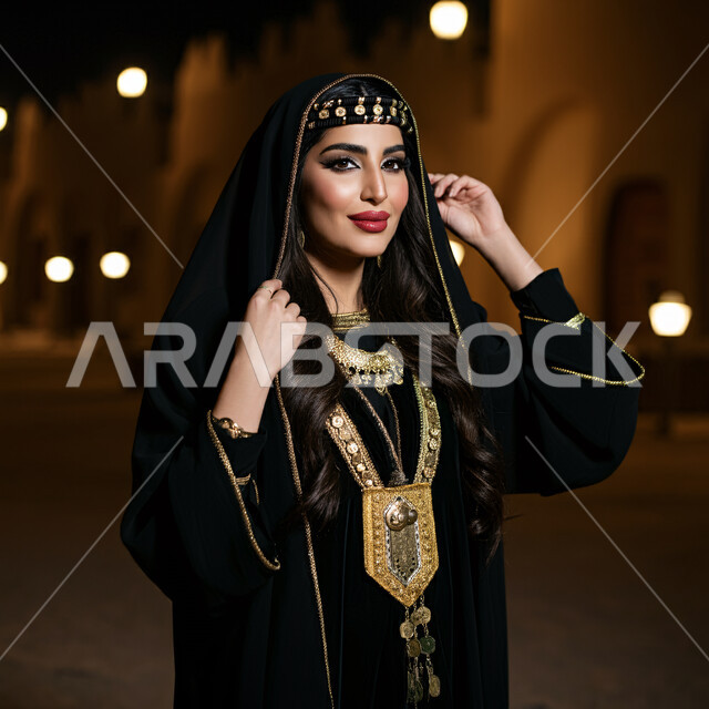 مفهوم الأنوثة والجمال والاهتمام بالمظهر الخارجي، إمرأة عربية سعودية خليجية ترتدي زي المنطقة الشرقية تنظر إلى الكاميرا بإيماءات الفخر والثقة بالنفس، حب الوطن والانتماء إليه، ذكرى اليوم الوطني السعودي 23 سبتمبر، يوم التأسيس 22 فبراير