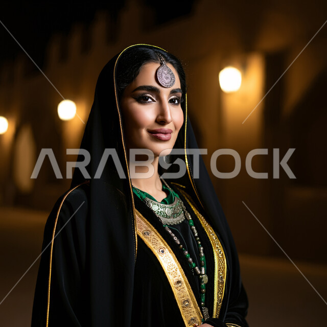مفهوم الأنوثة والجمال والاهتمام بالمظهر الخارجي، إمرأة عربية سعودية خليجية ترتدي زي المنطقة الشرقية تنظر إلى الكاميرا بإيماءات الفخر والثقة بالنفس، حب الوطن والانتماء إليه، ذكرى اليوم الوطني السعودي 23 سبتمبر، يوم التأسيس 22 فبراير