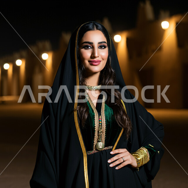 The concept of femininity, beauty and interest in outward appearance, a Saudi Arabian Gulf woman wearing the Eastern Province costume looks at the camera with gestures of pride and self-confidence, love of the homeland and belonging to it, the memory of Saudi National Day September 23, Foundation Day February 22