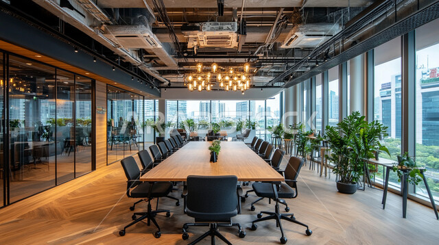 التصميم العصري الحديث للمكاتب في الشركات السعودية، قاعة اجتماعات واسعة مع طاولة خشبية محاطة بكراسي، غرف مكتبية بتصاميم وديكورات داخلية كلاسيكية، واجهات ونوافذ زجاجية مطلة على الخارج