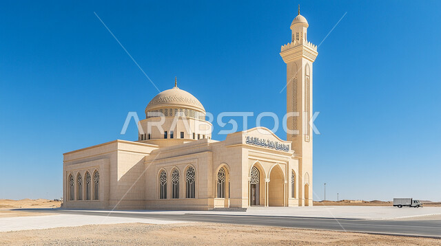 تصاميم معاصرة لمآذن وقبب المساجد المبنية على الطراز الإسلامي، الفن الهندسي المعماري في بناء دور العبادة، الأماكن والمعالم الدينية الإسلامية، مفهوم الطاعة والتقرب إلى الله، مجسم ثلاثي الأبعاد لمسجد بديكورات حديثة، خلفية السماء الصافية في وقت النهار
