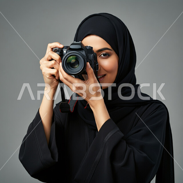 احتراف فن التصوير الفوتوغرافي باستخدام آلة تصوير عالية الدقة، وظائف ومهن نسائية سعودية، بورتريه مقرب لإمراة عربية خليجية سعودية ترتدي الحجاب والعباءة تمسك بيدها كاميرا رقمية تقوم بالتقاط الصورالتذكارية، استخدام الأجهزة التقنية الحديثة، خلفية رمادية