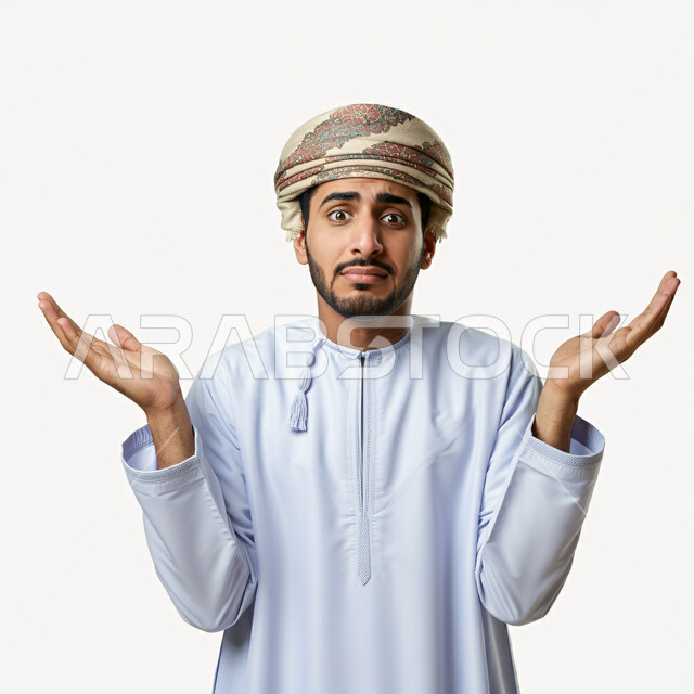 التردد وعدم التأكد بشأن أمر معين، فتح اليدين في حيرة وعدم القدرة على اتخاذ القرار، بورتريه مقرب لرجل عربي خليجي عماني يرتدي الدشداشة والعمامة والنظارة يرفع كفيه نحو الأعلى وينظر إلى الكاميرا بإيماءات الاستغراب، خلفية بيضاء