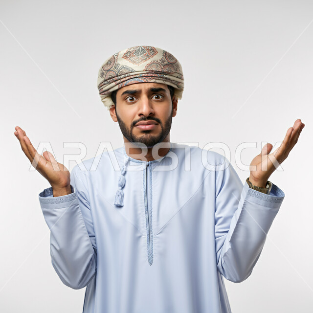 التردد وعدم التأكد بشأن أمر معين، فتح اليدين في حيرة وعدم القدرة على اتخاذ القرار، بورتريه مقرب لرجل عربي خليجي عماني يرتدي الدشداشة والعمامة والنظارة يرفع كفيه نحو الأعلى وينظر إلى الكاميرا بإيماءات الاستغراب، خلفية بيضاء