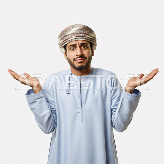 التردد وعدم التأكد بشأن أمر معين، فتح اليدين في حيرة وعدم القدرة على اتخاذ القرار، بورتريه مقرب لرجل عربي خليجي عماني يرتدي الدشداشة والعمامة والنظارة يرفع كفيه نحو الأعلى وينظر إلى الكاميرا بإيماءات الاستغراب، خلفية بيضاء