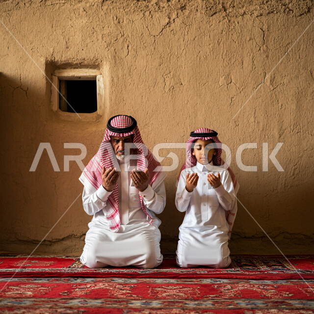 الإكثار من الطاعات وذكر الله تعالى، رجل كبير بالسن عربي سعودي خليجي يجلس على السجادة يؤدي فرض الصلاة بجانب ابنه الصبي يرفعان أيديهما يقومان بالدعاء، التقرب إلى رب العالمين في شهر رمضان، الاجتهاد في العبادة وأداء الفرائض الدينية، أجواء عائلية رمضانية روحانية