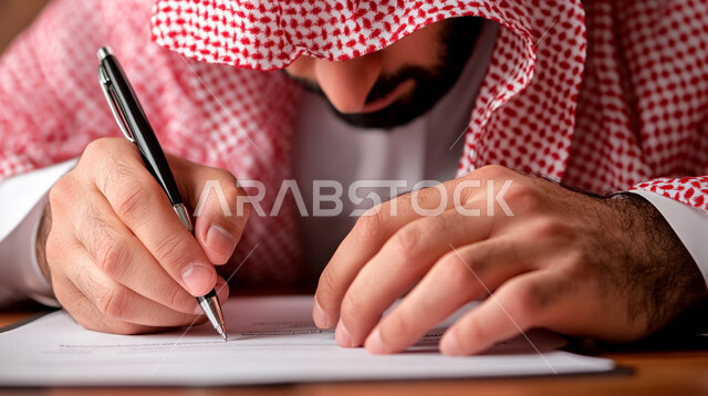 تدوين وتسجيل المعلومات على الورق, صورة مقربة لشاب عربي خليجي سعودي يرتدي الثوب التقليدي والشماغ يجلس على الكرسي في مكتبه يمسك بيده قلما ويقوم بكتابة الملاحظات, كتابة المهام والأهداف اليومية, مفهوم إدارة شؤون الأعمال وتنظيمها