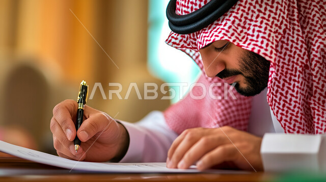 تدوين وتسجيل المعلومات على الورق, صورة مقربة لشاب عربي خليجي سعودي يرتدي الثوب التقليدي والشماغ يجلس على الكرسي في مكتبه يمسك بيده قلما ويقوم بكتابة الملاحظات, كتابة المهام والأهداف اليومية, مفهوم إدارة شؤون الأعمال وتنظيمها