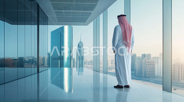 النمو العمراني والتقدم الحضاري في السعودية، الفن الهندسي المعماري في بناء الشركات والمباني ذات الواجهات الزجاجية الضخمة المطلة على المدينة، صورة من الخلف لرجل عربي خليجي سعودي يرتدي الثوب التقليدي والشماغ يقف في ممر الشركة وينظر لناطحات السحاب والأبراج العالية