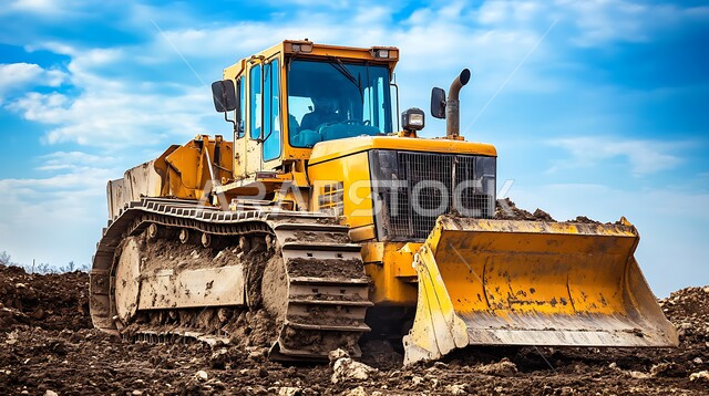 مفهوم الهندسة والإنشاءات والتطوير، الطبيعة الرملية و الصخرية في صحاري المملكة العربية السعودية, آلات ومعدات ثقيلة، جرافة تعمل على رفع وتعبئة الرمال والحصى في النهار