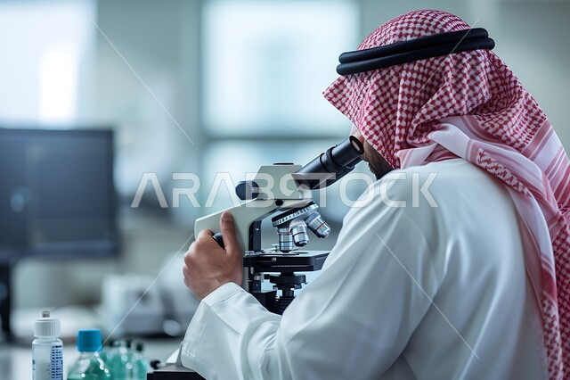 البحث والتطور والقيام باختبارات علمية, إجراء التجارب الكيميائية في المختبر باستخدام أنابيب الاختبار, الجلوس في معمل الكيمياء, صورة مقربة من الجانب لطبيب عربي خليجي سعودييرتدي المعطف الطبي يقومون بفحص العينات باستخدام المجهر