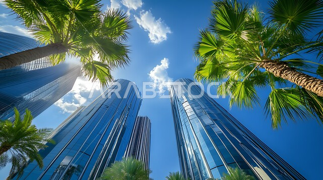 الفن الهندسي المعماري على الطراز الحديث للأبراج وناطحات السحاب في المملكة العربية السعودية، صورة من الاسفل لبرج حديث بواجهات زجاجية ضخمة، الاهتمام بزراعة النباتات والأشجار الخضراء، النمو والتقدم العمراني للمنشآت التجارية الفاخرة في وقت النهار