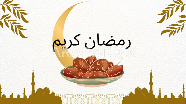 عبارات ونصوص باللغه العربية للتهنئة بالشهر الكريم، مباركات بالمناسبات والأعياد الدينية الاسلامية, بطاقة مباركة رمضانية مزخرفه مع صحن مملوء بالتمر الطازج, مخطوطة رمضان كريم بالخط العربي، خلفية بيضاء