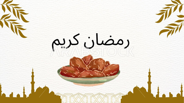 عبارات ونصوص باللغه العربية للتهنئة بالشهر الكريم، مباركات بالمناسبات والأعياد الدينية الاسلامية, بطاقة مباركة رمضانية مزخرفه مع صحن مملوء بالتمر الطازج, مخطوطة رمضان كريم بالخط العربي، خلفية بيضاء