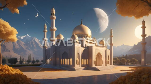مفهوم العبادة والتقرب إلى الله تعالى، الفن الهندسي المعماري في بناء مآذن و قبب المساجد على الطراز الاسلامي، مكان نداء المسلمين لأداء الفرائض والصلوات، التصاميم والديكورات الهندسية الدينية المتميزة باللون الأبيض، خلفية السماء بالقمر المنير في وقت الليل