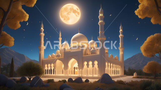 مفهوم العبادة والتقرب إلى الله تعالى، الفن الهندسي المعماري في بناء مآذن و قبب المساجد على الطراز الاسلامي، مكان نداء المسلمين لأداء الفرائض والصلوات، التصاميم والديكورات الهندسية الدينية المتميزة باللون الأبيض، خلفية السماء بالقمر المنير في وقت الليل