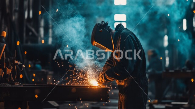 تجهيز وتوصيل الحديد بمعدات وأدوات لحامية خاصة، وظائف ومهن صناعية للشباب السعودي، ارتداء الزي الواقي للحماية من الشرار المتناثر في المعمل, مهندس عربي خليجي سعودي يرتدي قناع الحماية والقفازات يقوم بلحام المعدن وصهره, متابعة سير العمل في ورش الحدادة بمهارة وإتقان