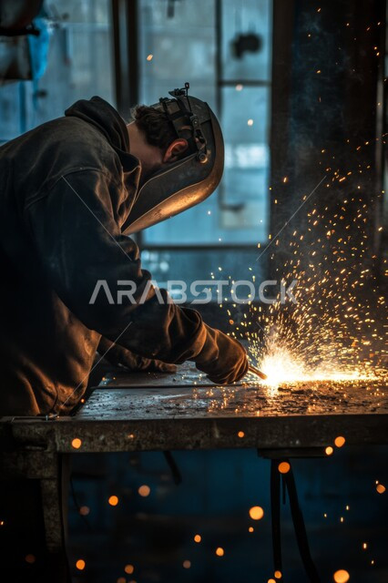 تجهيز وتوصيل الحديد بمعدات وأدوات لحامية خاصة، وظائف ومهن صناعية للشباب السعودي، ارتداء الزي الواقي للحماية من الشرار المتناثر في المعمل, مهندس عربي خليجي سعودي يرتدي قناع الحماية والقفازات يقوم بلحام المعدن وصهره, متابعة سير العمل في ورش الحدادة بمهارة وإتقان