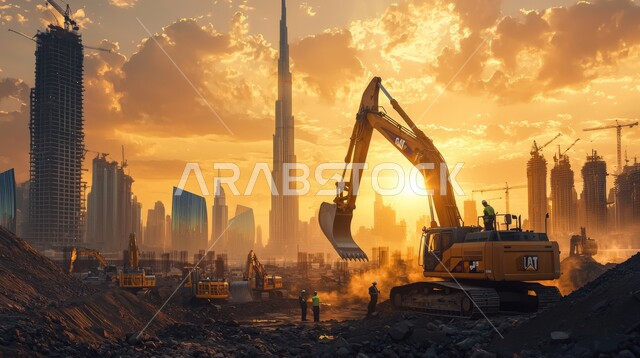 مفهوم تحسين البنية التحتية للبلاد، أعمال البناء والمقاولات والتطوير العقاري للأبراج، إنشاء الأساسات والهياكل للمشروعات السكنية والمصانع، التطور المعماري والحضاري في المملكة العربية السعودية، تشييد المباني والمشاريع الضخمة، الآلات والمعدات الثقيلة والرافعات والسقالات العالية