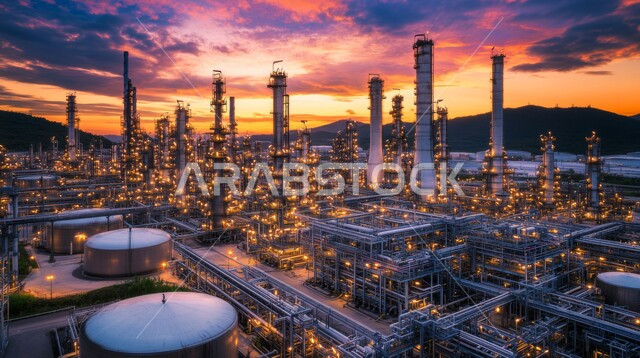 المشاريع البتروكيماوية المساهمة في نهضة الاقتصاد الوطني السعودي، منظر السماء في وقت الغروب مع الهياكل العالية المضيئة، مجال هندسة البترول في دول الخليج, مصفاة تكرير النفط والغاز, مصانع ومعامل النفط في المملكة العربية السعودية، مستودعات وخزانات كبيرة وضخمة