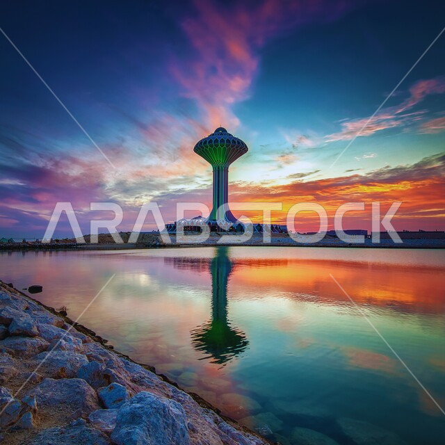 انعكاس ظل برج المياه على الواجهه البحريه على ساحل البحر الأحمر في المملكة العربية السعودية وقت غروب الشمس, معالم سياحيه مشهوره في مدينة الدمام, الفن الهندسي والمعماري لخزان الماء على كورنيش الخبر، خلفية الطبيعه