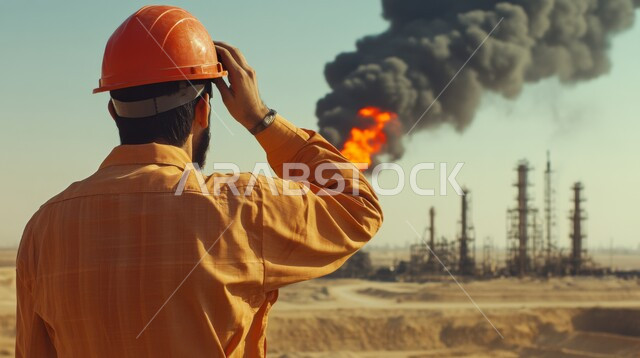 تطور ونمو القطاع الهندسي في المملكة، الإشراف على المشاريع في موقع العمل، صورة من الخلف لمهندس بترول عربي خليجي سعودي يرتدي اليونيفورم وخوذة الحماية يقف ويراقب مصفاة النفط وخط الأنابيب، مهن ووظائف هندسية سعودية، العمل في مجال الصناعات البيتروكيماوية