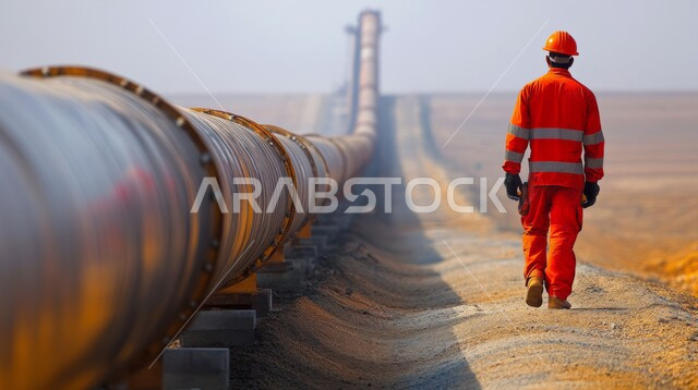 تطور ونمو القطاع الهندسي في المملكة، الإشراف على المشاريع في موقع العمل، صورة من الخلف لمهندس بترول عربي خليجي سعودي يرتدي اليونيفورم وخوذة الحماية يقف ويراقب مصفاة النفط وخط الأنابيب، مهن ووظائف هندسية سعودية، العمل في مجال الصناعات البيتروكيماوية