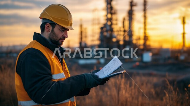 الإشراف على المشاريع في موقع العمل، تطور ونمو القطاع الهندسي في المملكة، صورة من الجانب لمهندس بترول عربي خليجي سعودي يرتدي السترة وخوذة الحماية يقف ويمسك بيده أوراق ويقوم بمراجعتها، مهن ووظائف هندسية سعودية، العمل في مجال الصناعات البيتروكيماوية ومصافي النفط