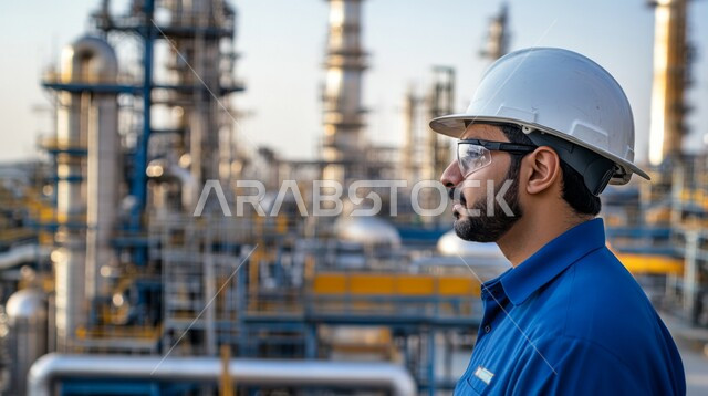 الإشراف على المشاريع في موقع العمل، تطور ونمو القطاع الهندسي في المملكة، صورة من الجانب لمهندس بترول عربي خليجي سعودي يرتدي اليونيفورم وخوذة الحماية يقف ويراقب مصفاة النفط وخط الأنابيب، مهن ووظائف هندسية سعودية، العمل في مجال الصناعات البيتروكيماوية