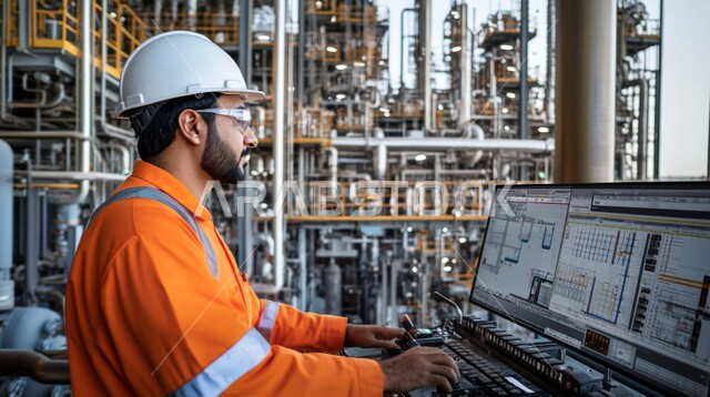 مهن ووظائف هندسية في الشركات والمصانع السعودية، الإشراف على المشاريع في موقع العمل، تطور ونمو القطاع الهندسي في المملكة، صورة من الجانب لمهندس برمجيات عربي خليجي سعودي يرتدي اليونيفورم وخوذة الحماية يقف ويقوم ببرمجة الماكينات والآلات لتشغيلها بشكل صحيح