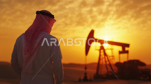 التنقيب على الثروات الباطنية في الصحراء, صناعات ومشاريع بيتروكيماوية في المملكة, صورة من الخلف لرجل عربي خليجي سعودي يرتدي الثوب التقلدي والشماغ يقف ويراقب عمل الآلات الضخمة والمعدات الثقيلة المستخدمة في الحفر, النمو والتقدم الاقتصادي السعودي في مجال البترول