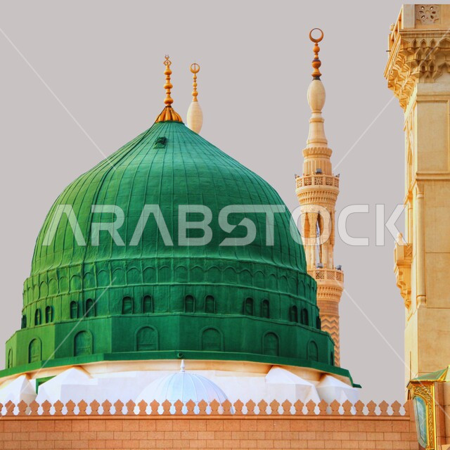 Worship and getting closer to God, a close-up of the Green Dome in the Prophet's Mosque in Medina, Saudi Arabia, sacred Islamic religious places and landmarks, architectural engineering art of building mosques