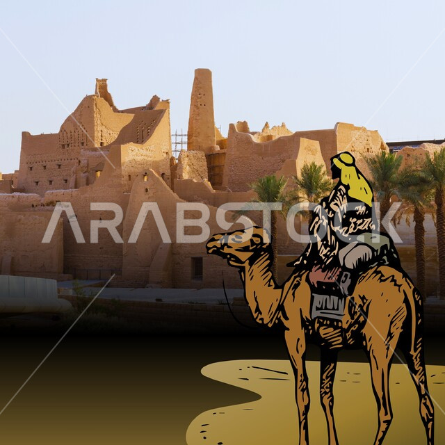 حيوانات التنقل والسفر في القدم، المباني الأثرية والبيوت الطينية في حي الطريف في الدرعية، رعاية المواشي والثدييات في مناطق البادية، المحميات الطبيعية البرية لتربية الإبل والنوق الأصيلة، رسوم توضيحية لرجل عربي خليجي سعودي يمتطي جمل عربي أصيل وسط الصحراء 