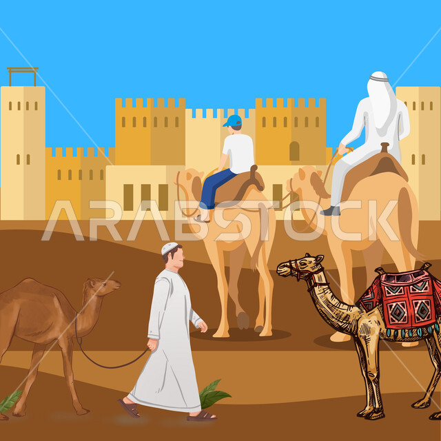 رسوم توضيحية لرجل عربي خليجي سعودي يمتطي جمل عربي أصيل وسط الصحراء، رعاية المواشي والثدييات في مناطق البادية، حيوانات التنقل والسفر في القدم، المباني الأثرية والبيوت الطينية في حي الطريف في الدرعية، المحميات الطبيعية البرية لتربية الإبل والنوق الأصيلة