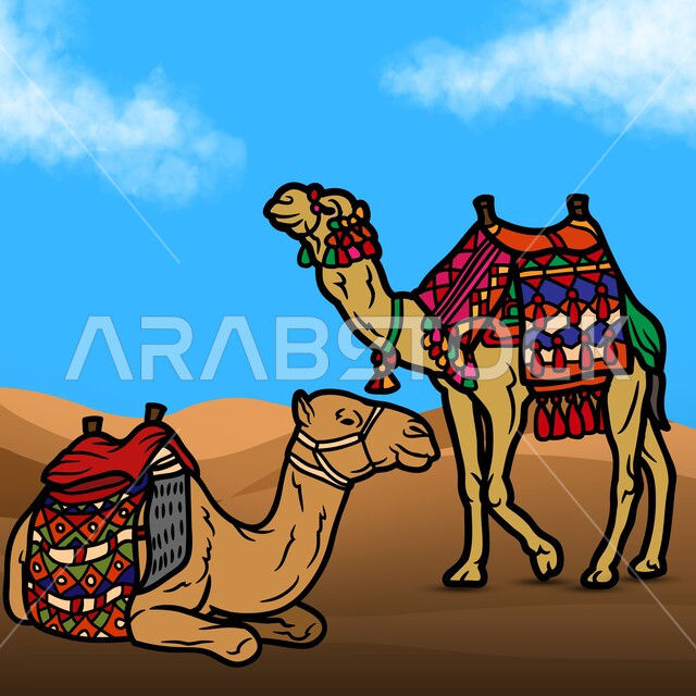 رعاية المواشي والثدييات في مناطق البادية، التلال والكثبان الرملية في المناطق الصحراوية، المحميات الطبيعية البرية لتربية الإبل والنوق الأصيلة، رسومات توضيحية للجمال العربية الأصيل وسط الصحراء، حيوانات التنقل والسفر في القدم