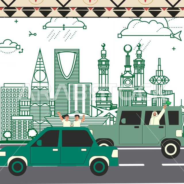 Car traffic on public roads and streets, the day we started 1727 AD, the anniversary of the Saudi National Day September 23, green illustrations of famous towers and skyscrapers in the Kingdom of Saudi Arabia, architectural art of residential and commercial buildings, white background