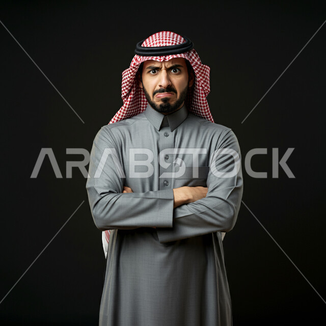 التكشير والعبوس لرؤية شيء ما، الشعور بالإنزعاج لسماع الأخبار السيئة, بورتريه لشاب عربي خليجي سعودي يرتدي الشماغ والثوب التقليدي يقف بأيدي متقاطعة ينظر إلى الكاميرا بإيماءات الغضب، خلفية سوداء
