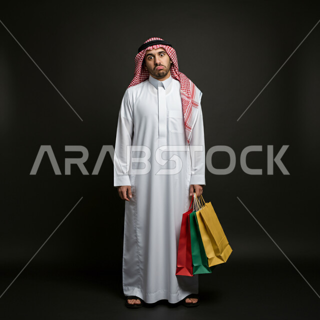 تعابير الإرهاق والتعب، الاستفادة من العروض في شراء الحاجيات الضرورية، الاستغراب من ارتفاع الأسعار، بورتريه لرجل عربي خليجي سعودي يرتدي الثوب التقليدي والشماغ يمسك بيده أكياس ورقية ينظر إلى شيء ما بإيماءات الإحباط والحزن، صورة الجسم بالطول الكامل، خلفية سوداء