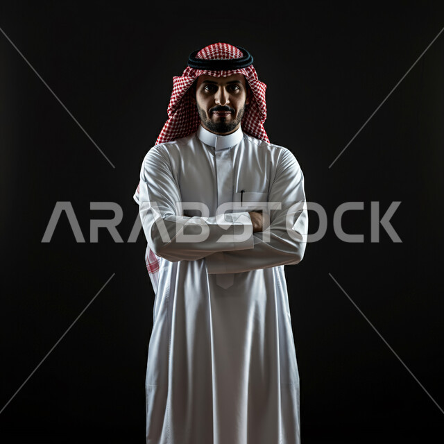 التكشير والعبوس لرؤية شيء ما، الشعور بالإنزعاج لسماع الأخبار السيئة, بورتريه لشاب عربي خليجي سعودي يرتدي الشماغ والثوب التقليدي يقف بأيدي متقاطعة ينظر إلى الكاميرا بإيماءات الغضب، خلفية سوداء