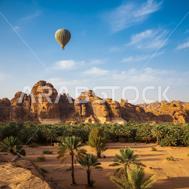 تحليق البالونات الطائرة في السماء، الاستمتاع بالمناظر الطبيعية الصحراوية، الأنشطة الترفيهية في المملكة العربية السعودية، الطيران بمنطاد الهواء الساخن في النهار، القمم والمرتفعات الجبلية في الصحراء، المعالم السياحية المشهورة، الاهتمام بالنباتات وزراعة النخيل