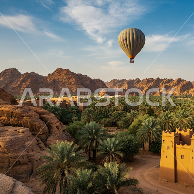 القمم والمرتفعات الجبلية في الصحراء، المعالم السياحية المشهورة، تحليق البالونات الطائرة في السماء، الاستمتاع بالمناظر الطبيعية الصحراوية، الاهتمام بالنباتات وزراعة النخيل، الأنشطة الترفيهية في المملكة العربية السعودية، الطيران بمنطاد الهواء الساخن في النهار