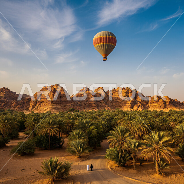 الأنشطة الترفيهية في المملكة العربية السعودية، الطيران بمنطاد الهواء الساخن في النهار، القمم والمرتفعات الجبلية في الصحراء، المعالم السياحية المشهورة، تحليق البالونات الطائرة في السماء، الاستمتاع بالمناظر الطبيعية الصحراوية، الاهتمام بالنباتات وزراعة النخيل