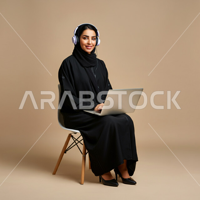 العمل على جذب واستقطاب المزيد من العملاء، تعزيز مستوى رضا العميل، الإجابة عن الاستعلامات والاستفسارات، بورتريه لسيدة عربية سعودية خليجية ترتدي الحجاب والعباءة تجلس على كرسي ترتدي سماعة الرأس تعمل على جهاز الحاسوب تنظر إلى الكاميرا، خلفية بيج